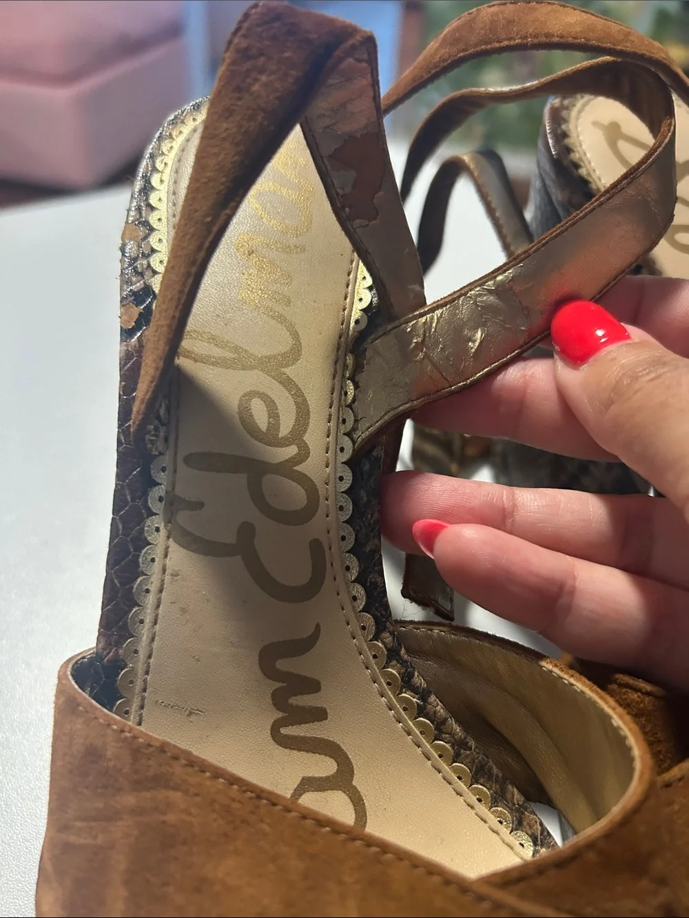 Sam Edelman Brown Suede Platform Sandals with Snakeskin Heel